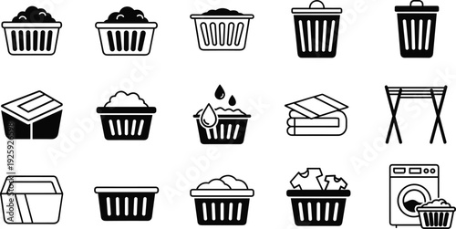 Laundry icons, washing basket, detergent container, folded clothes, drying rack, washing machine, household chores, cleaning, hygiene, textile, home organization