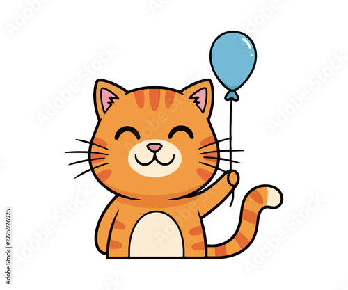 Cute cartoon orange tabby cat with stripes holding a blue balloon, smiling happily, on a white background.
