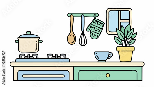 Kitchen Countertop With Cooking Utensils And Stove.