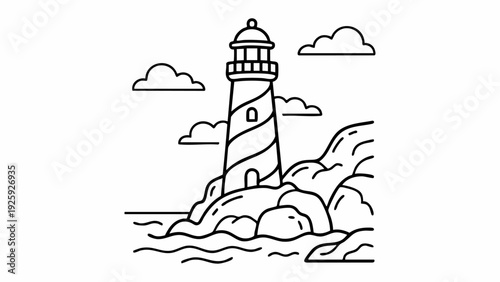 Lighthouse standing tall on rocky coast guiding ships.