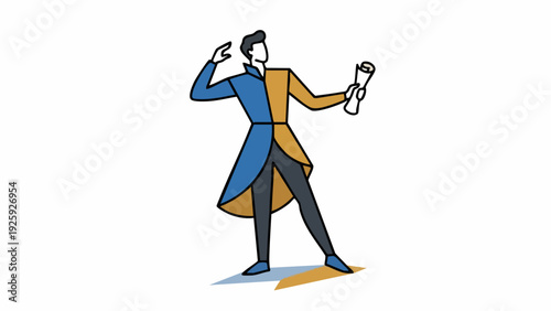 Man in a two-toned formal jacket holding a scroll.