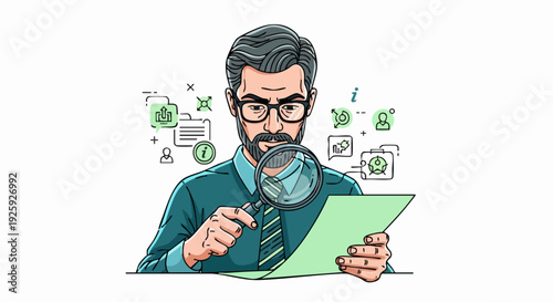 Man with Magnifying Glass Examining Document with Icons.
