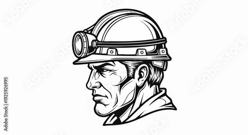Miner Head Profile Illustration Black and White.