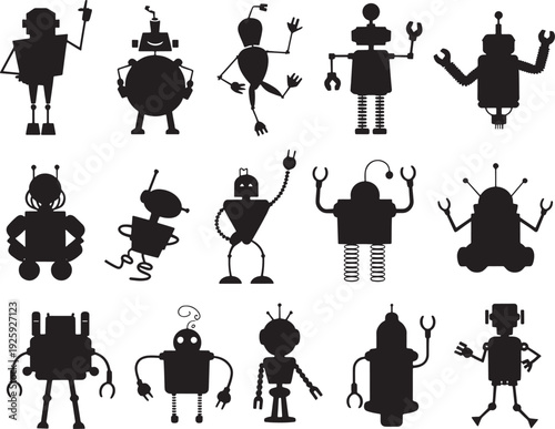 Set of robot silhouettes, futuristic android characters and retro toy robots collection for mascot and logo design