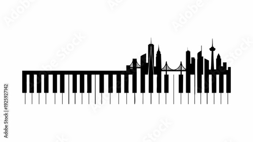 Piano Keyboard Skyline Cityscape Music Art.