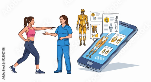Physical Therapist Demonstrating Exercise with Patient and Digital Anatomy App.