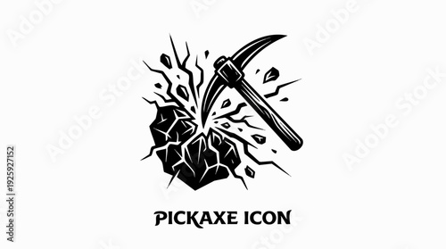 Pickaxe Icon Breaking Rock Symbolizing Mining and Industry.