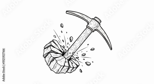 Pickaxe striking rock with debris flying.