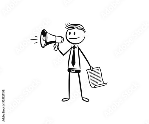 Stick figure businessman holding a megaphone and a document, making an announcement or giving instructions on a white background.