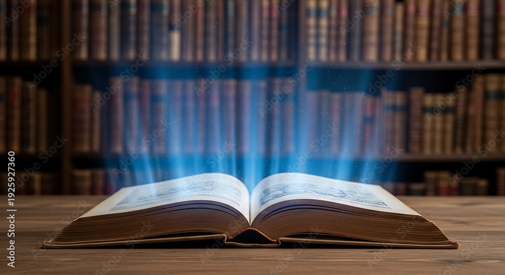 Naklejka premium Open Book with Glowing Light in Library - Knowledge and Imagination.