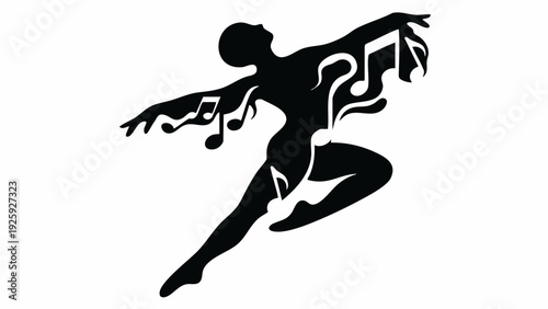 Silhouette of a dancer with musical notes integrated into the body.