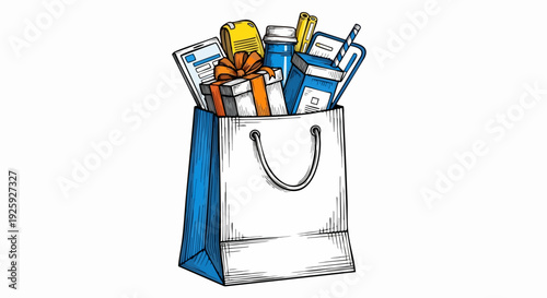 Shopping bag filled with various items and gifts.