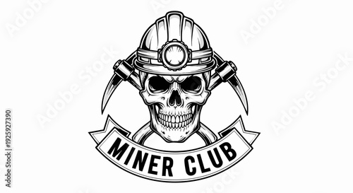 Skull wearing miner helmet with pickaxes and banner.