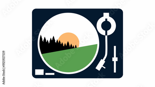 Turntable Record Player with Nature Landscape Scene.
