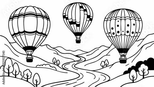 Three hot air balloons floating over a scenic landscape.
