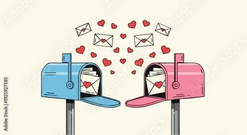 Two mailboxes exchanging love letters with hearts flying out.