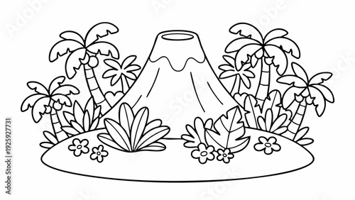 Volcano Island Surrounded by Tropical Palm Trees and Lush Vegetation.