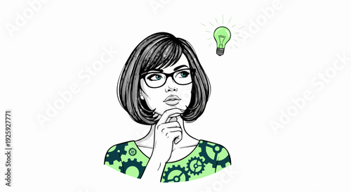 Woman with Glasses Thinking with a Light Bulb Idea.