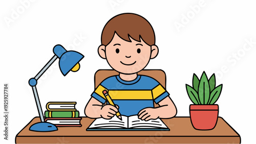 Young boy diligently studying at his desk with a lamp and books.