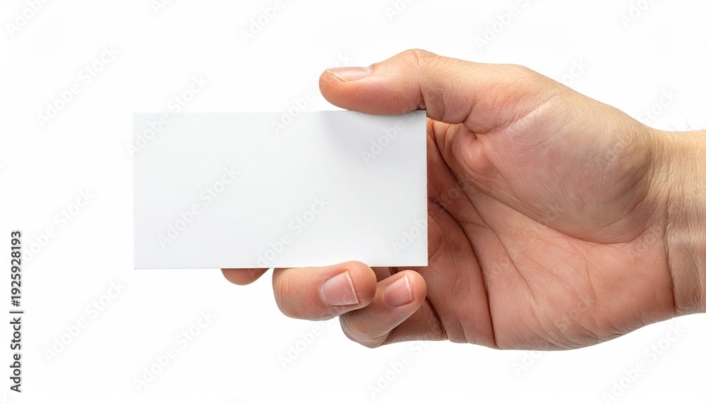 Obraz premium A hand holds a blank, white rectangular card against a plain, white background