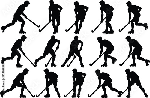 Set of black silhouettes representing professional ice hockey players in various action poses like skating, dribbling, and shooting isolated on a clean white background
