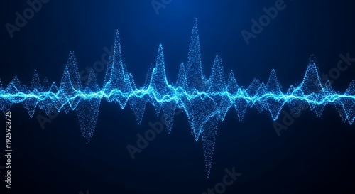Intense blue sound wave made of bright particles, digital abstract background