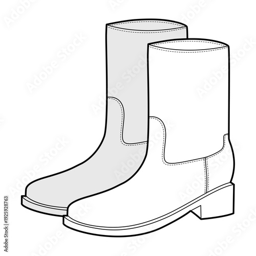 ankle boot women sketch pair. Straight shaft mid heel boot for everyday city outfit and autumn wardrobe. Technical fashion illustration CAD mockup vector man unisex isolated classic style.