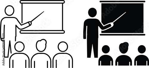 Teacher classroom presentation icon set vector illustration with outline and solid styles showing lecture education concept isolated on white background
