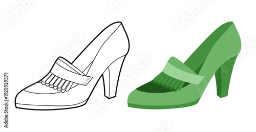Kiltie pump women green heel flat plus line set. Fringe loafer inspired dress footwear for campus, workday, retro look. Technical illustration, CAD mockup, mixed vector men unisex isolated chic style.