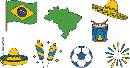 Brazil culture celebration vector illustration with national flag map sombrero drum football fireworks carnival icons isolated white background festive colorful flat design
