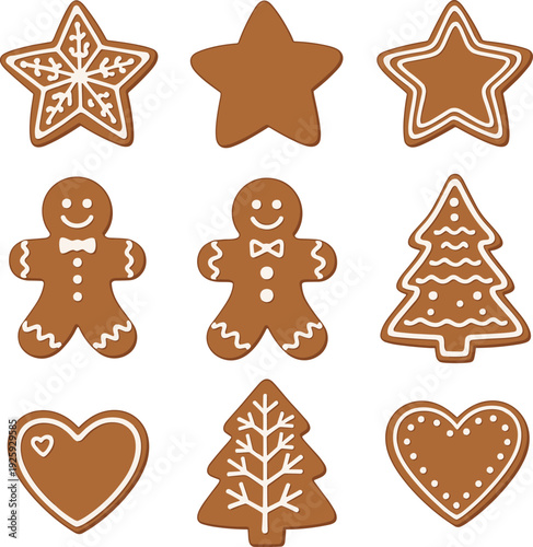Christmas gingerbread cookies icon set vector illustration with stars trees hearts and gingerbread men festive holiday dessert design isolated