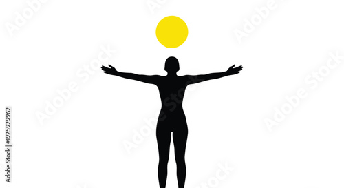 Black silhouette of a person with outstretched arms and a yellow sun
