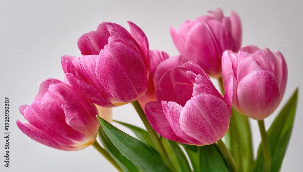 Fototapeta premium Elegant Pink Tulip Bouquet - Fresh, Vibrant Petals and Green Stems Against a Soft Background, Celebrating Spring.
