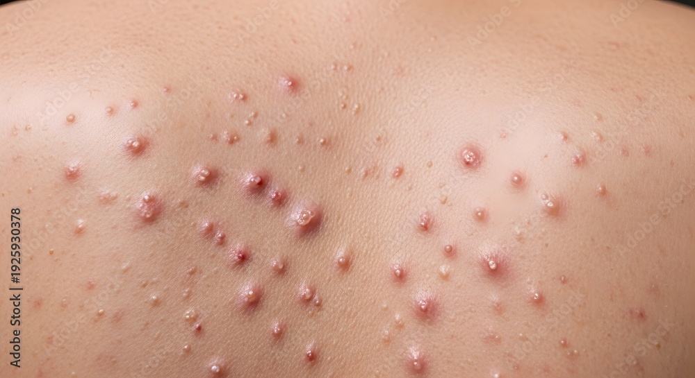 Fototapeta premium A close-up view of a person's back covered in numerous small red bumps and pimples, likely caused by acne or a skin condition.