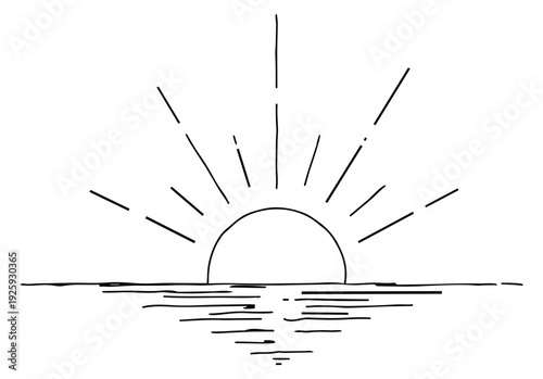 Hand drawn line art illustration of sun over water depicting light rays and reflection for nature and travel concepts