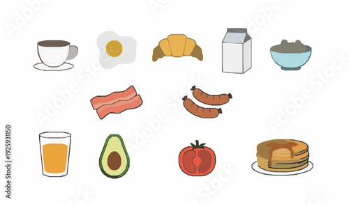 Minimal Hand Drawn Breakfast Icons Set with Coffee Egg Croissant and Healthy Foods Vector on White