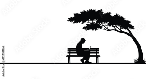 Man sitting on bench under tree silhouette vector