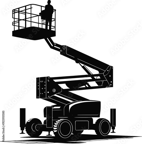 Flat vector silhouette of boom lift cherry picker aerial work platform