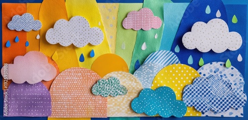 A colorful, handmade collage depicting a whimsical, rainbow-layered landscape with patterned clouds