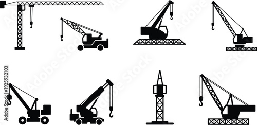 Flat vector silhouettes of construction cranes heavy lifting machinery equipment set