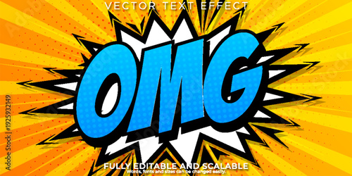 comic book style OMG text in bold blue letters on a bright yellow background