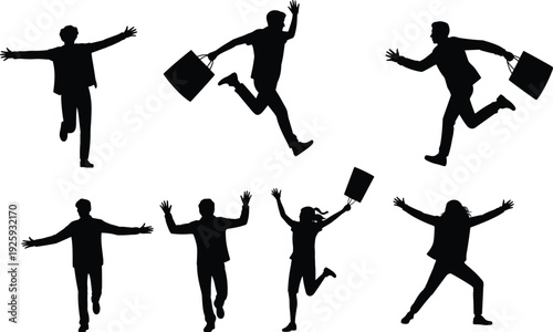 Happy business people jumping silhouettes set, excited men and woman with briefcases celebrating success, black isolated vector illustration for corporate achievement concept