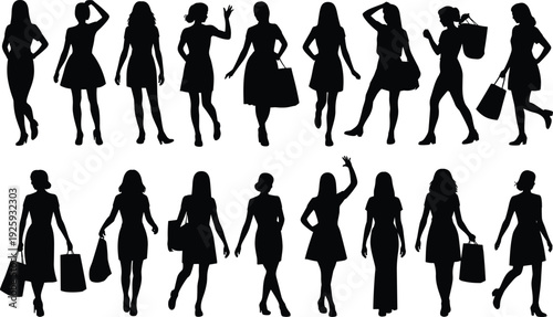 Large women silhouettes collection set, fashionable female figures in dynamic poses with shopping bags, black isolated vector illustration for retail lifestyle marketing design