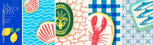Amalfi summer poster set patterns. Yellow citrus lemons and blue mediterranean sea tiles. Watercolor italian prints with lobster and sardine. Nautical shell icons on retro coastal picnic invitation