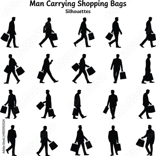 Man carrying shopping bags silhouettes collection, male customer walking with retail packages isolated black vector illustration for supermarket, fashion boutique and consumer lifestyle concept