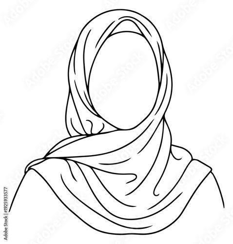 Hand drawn line art illustration of a woman depicting a faceless figure wearing a hijab for a profile icon