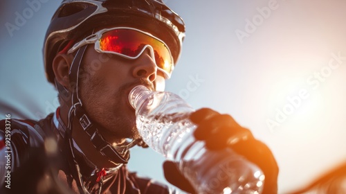 Wallpaper Mural Cardio sports cycling biking exercise training, healthy lifestyle. A cyclist wearing a helmet and sunglasses, drinking water from a bottle against a blurred background. Torontodigital.ca