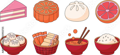A collection of various Asian food and dessert items on white background  dumplings rice cakes and fruits