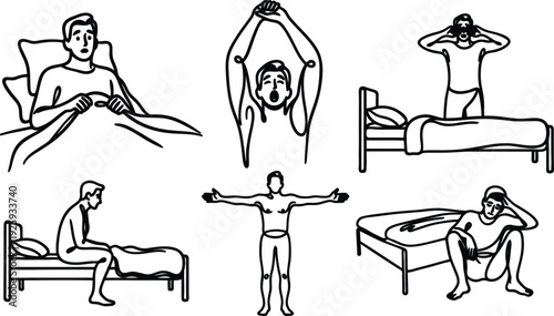 A set of six illustrations depicting a man in various morning stretching and waking up poses in and out of bed