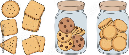 Assorted cookies and biscuits in jars and on a plate on white background